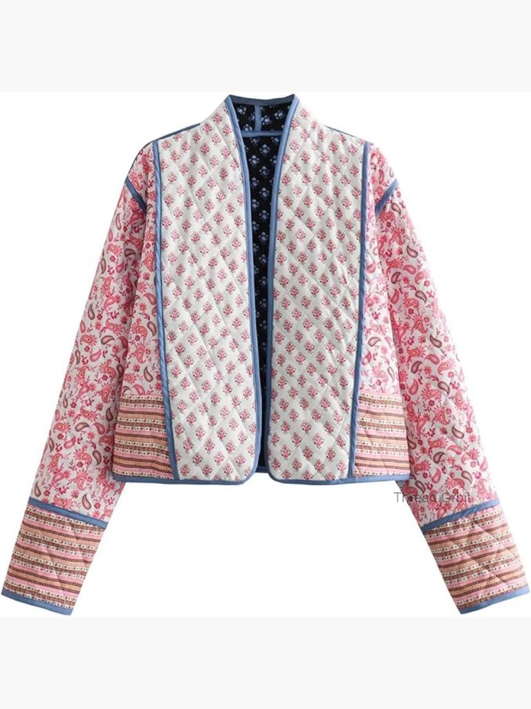 Women's Cropped Puffer Jacket Quilted Lightweight Open Front Floral Print